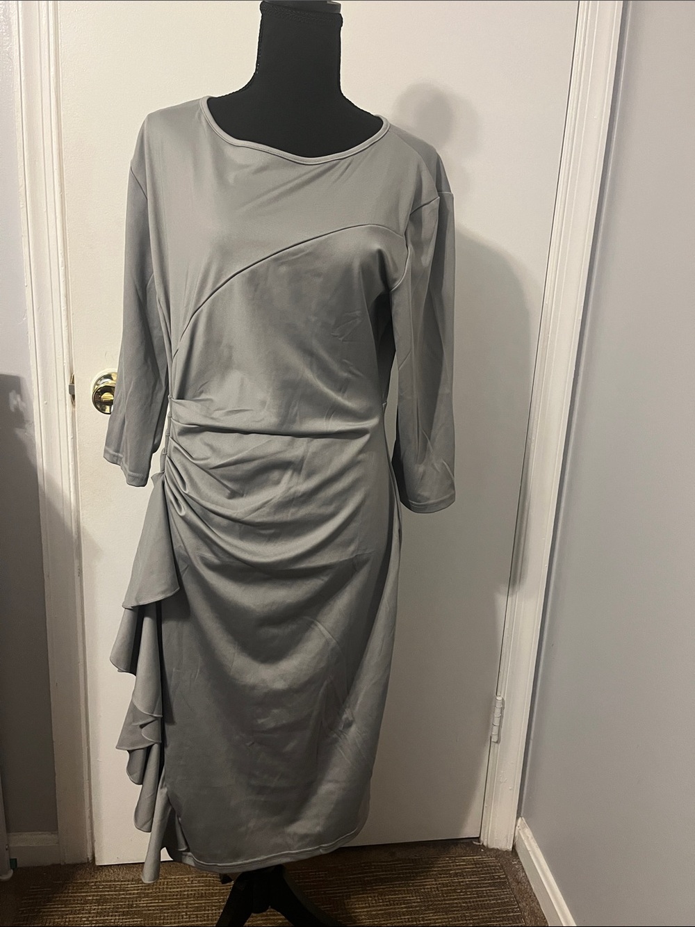 Majestic Light Grey Midi Dress XL with Side Ruffle